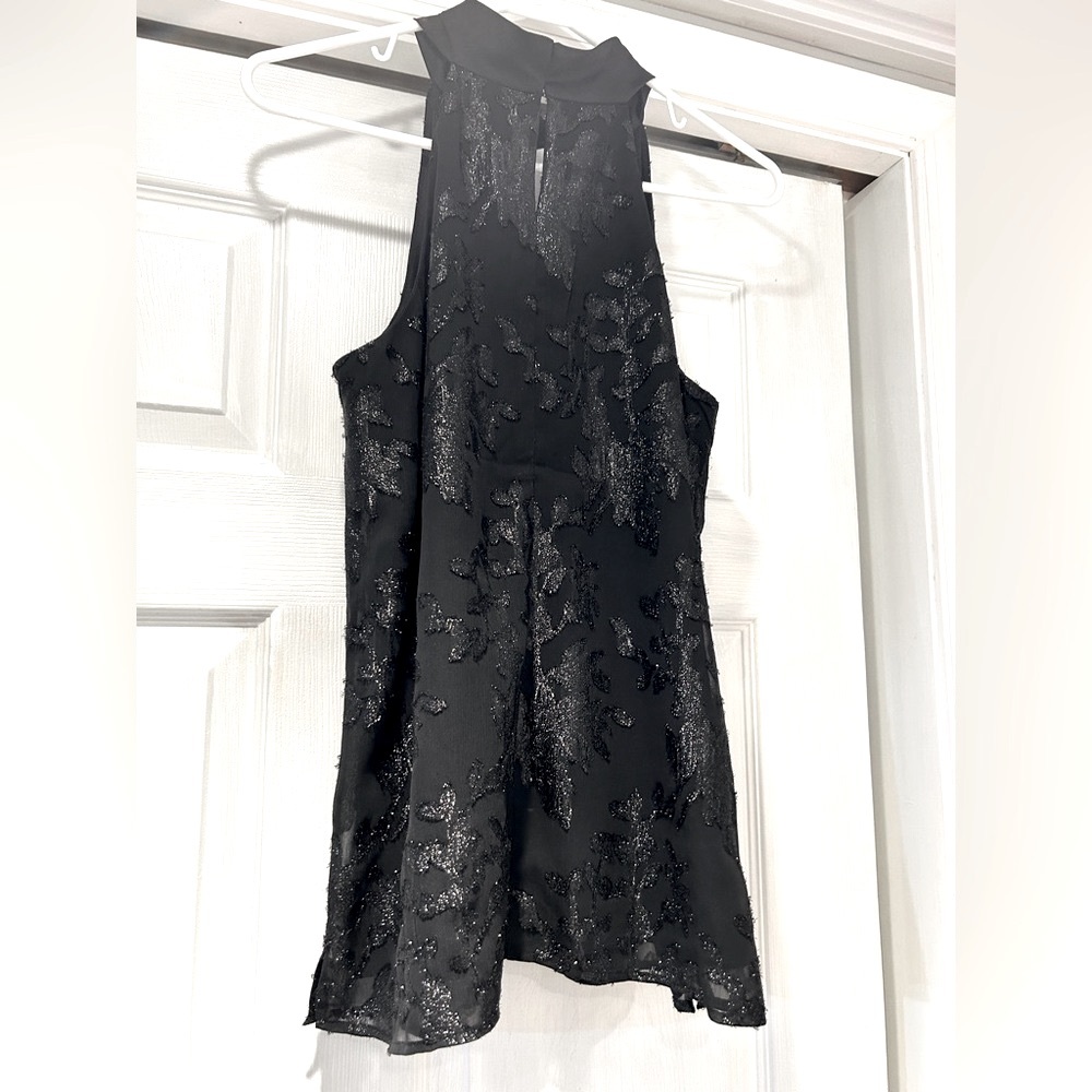 WHBM Black Mockneck Sleeveless Halter with Metallic Floral Appliqué